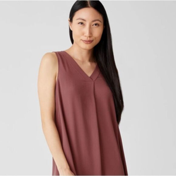 Eileen Fisher Silk Georgette Crepe Pleated Dress V-Neck in Dusty Rose Sz L - Picture 6 of 6